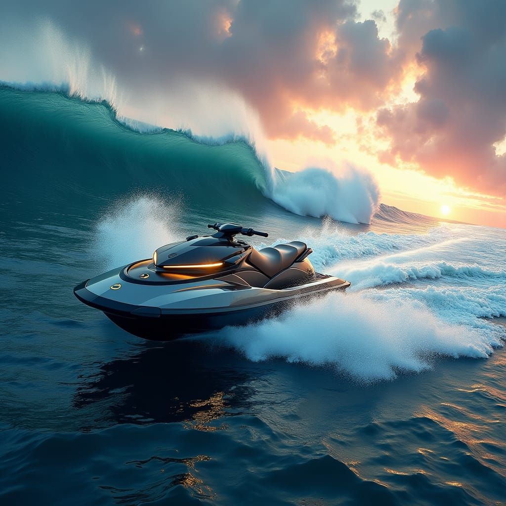 Jet Ski on Massive Waves, Detailed Matte Painting