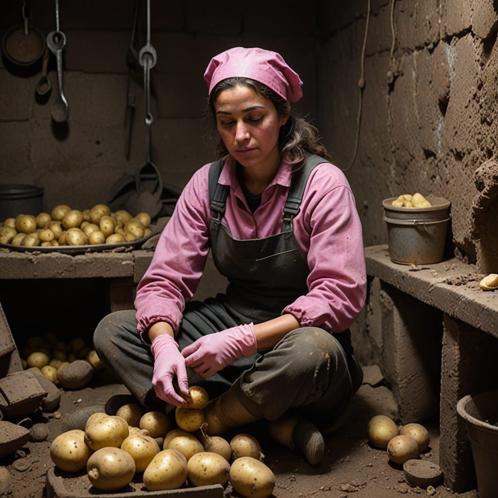 Young Portuguese Woman Peeling Potatoes in a Cozy Cellar Sce...