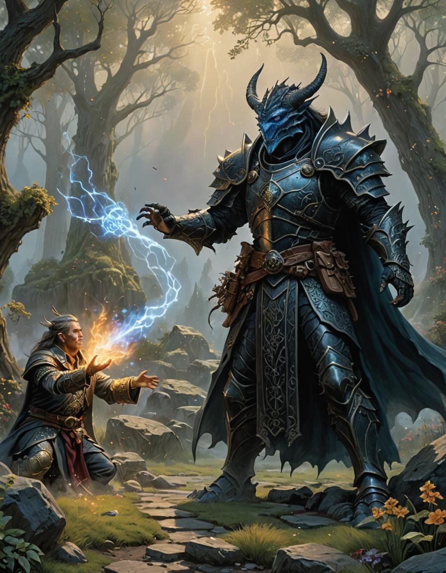 Dragonborn Cleric Heals Elf in 80s Fantasy Style