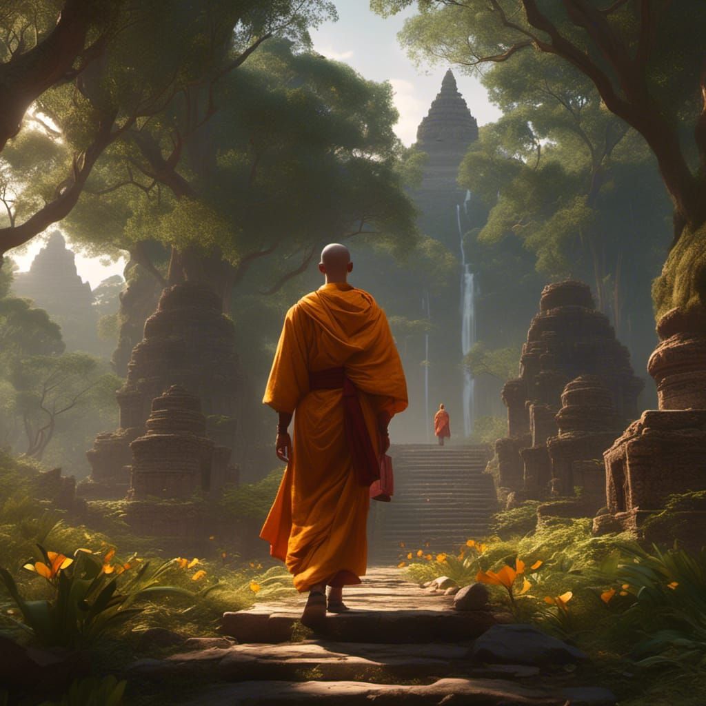 Enlightened Monk Walking at Angkor Wat in Artgerm Style