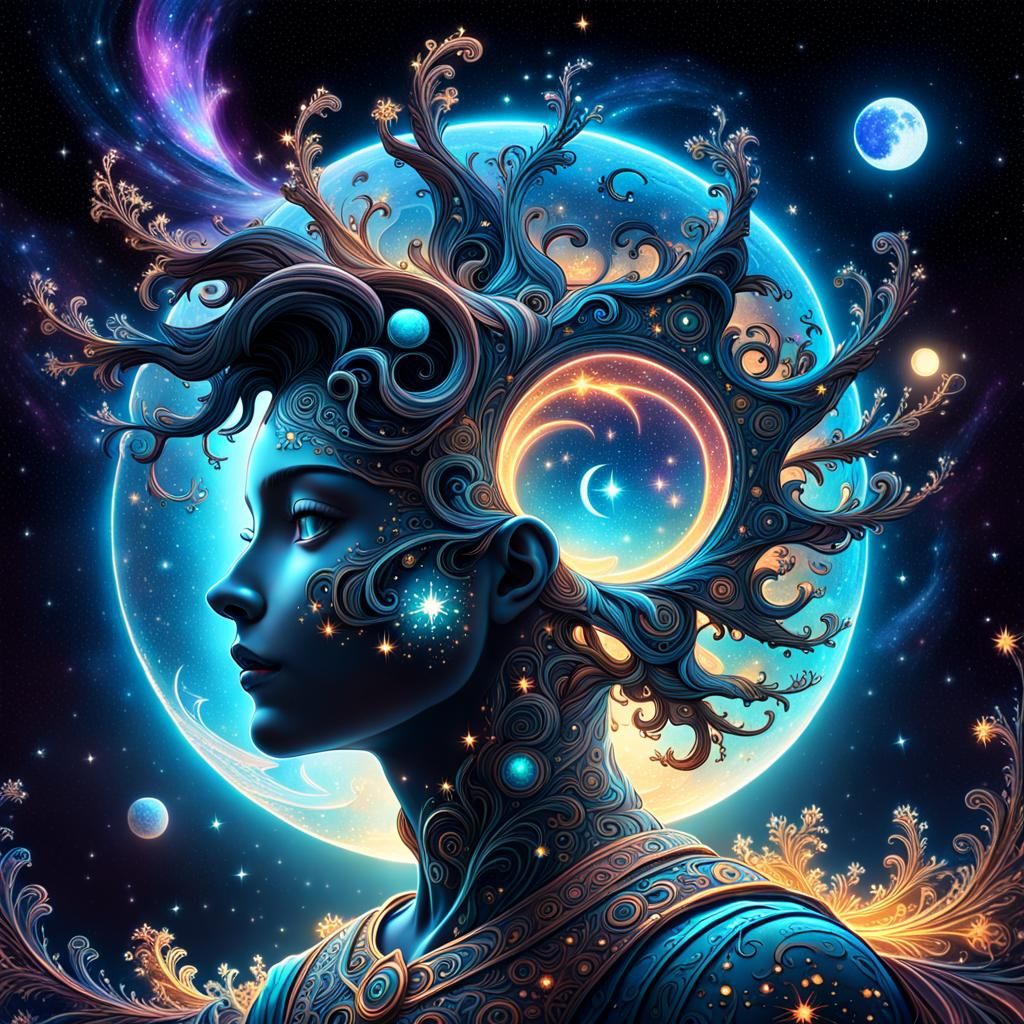 Luminous Galaxy Inside Head: 3D Rococo Concept Art