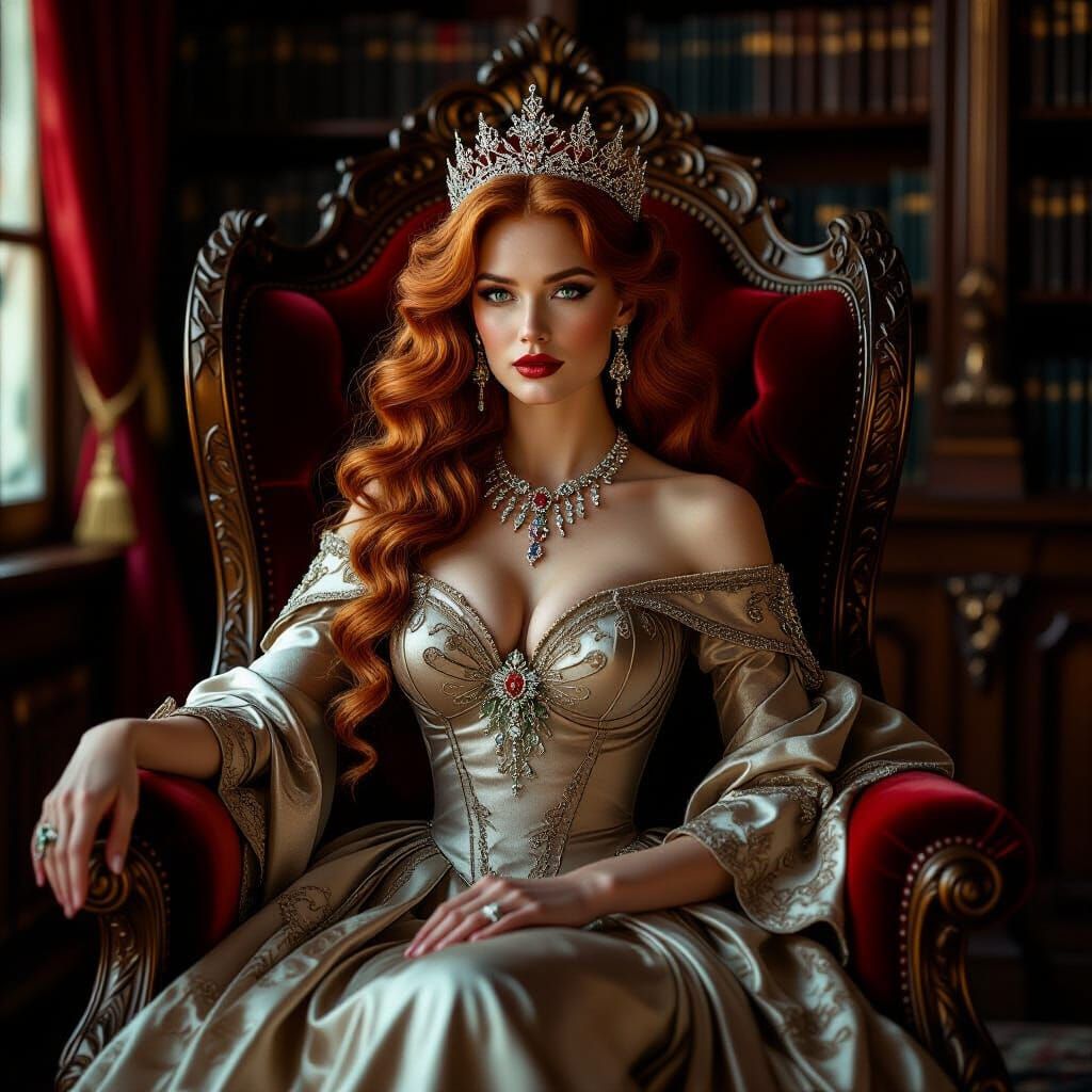 Red-Haired Queen in Opulent Library, Art Nouveau Style