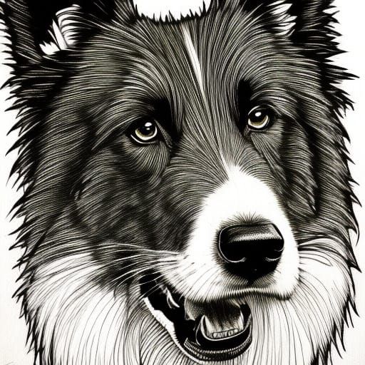 Detailed Pen and Ink Drawing of a Border Collie