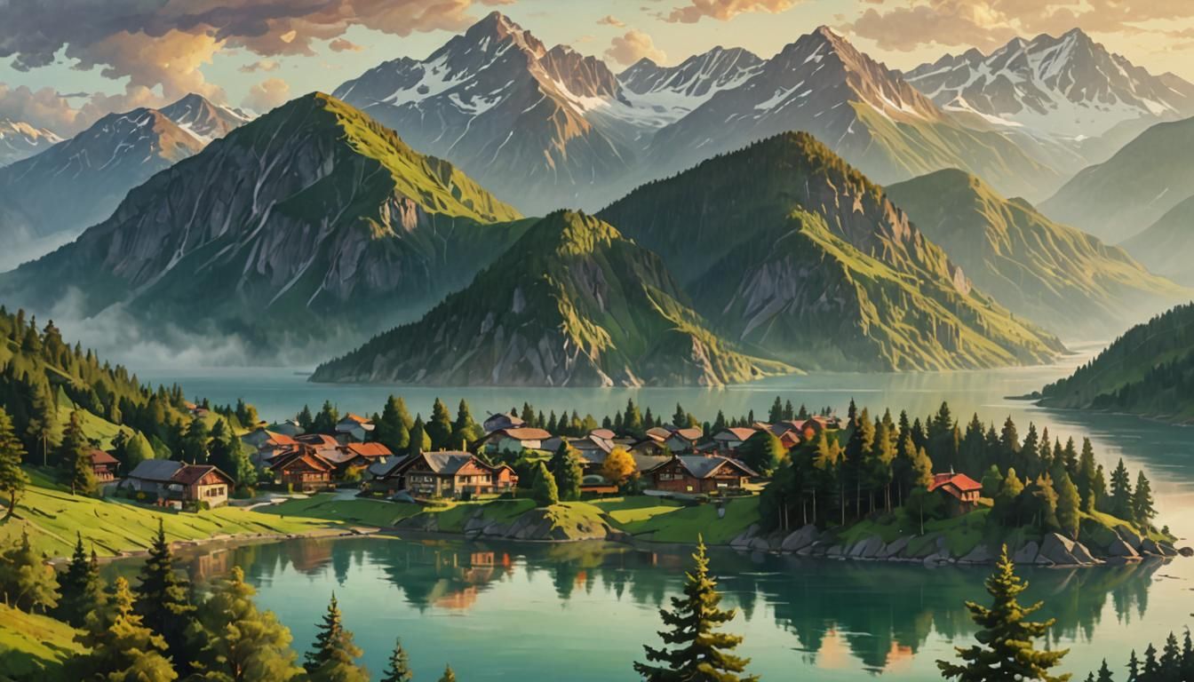 Paradise Landscape at Dawn as Oil Painting