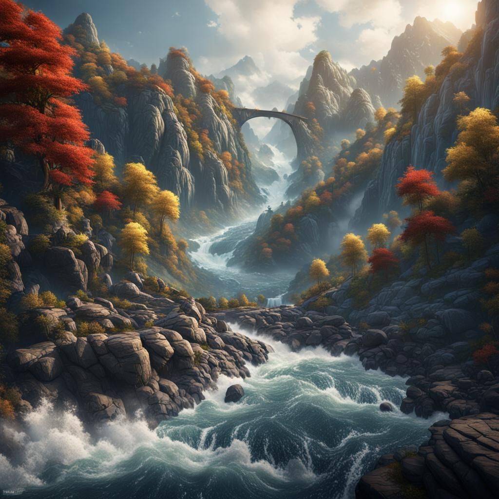 Majestic River Tumbling Down a Mountain in Matte Painting St...
