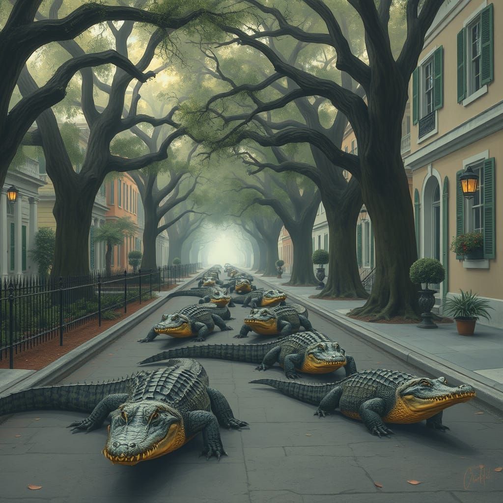 Whimsical Savannah Streets with Roaming Alligators