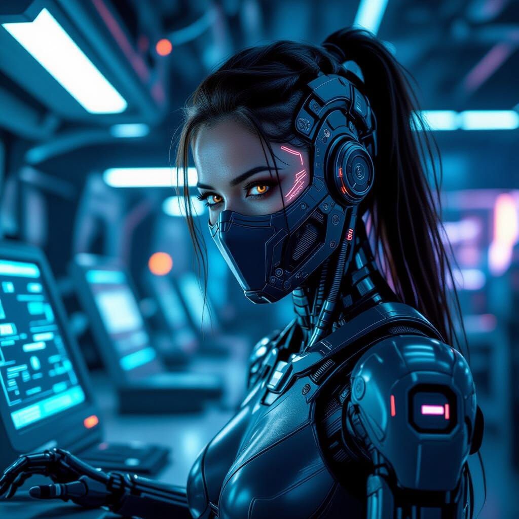 Cyborg Woman in Futuristic Cyberpunk Laboratory