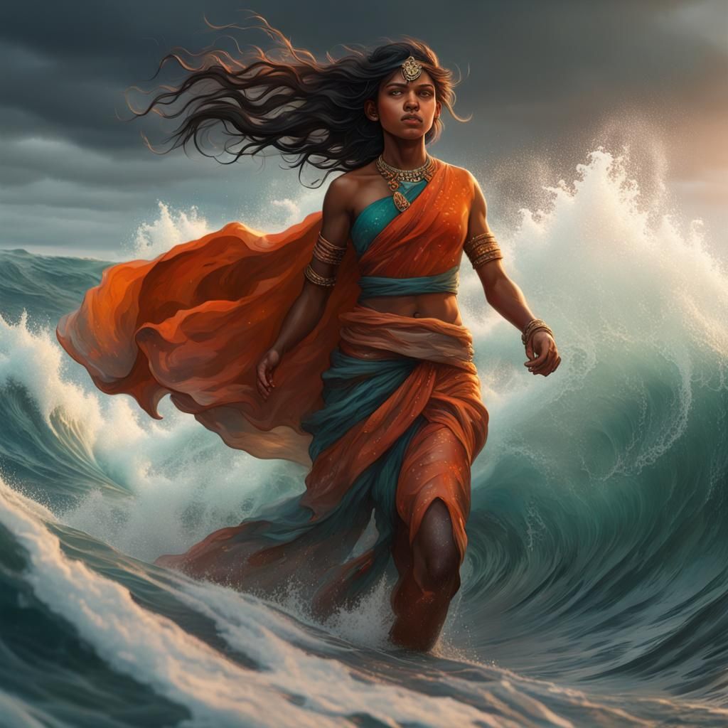 Indian Children Battle Stormy Waves in Hyperdetailed Digital...