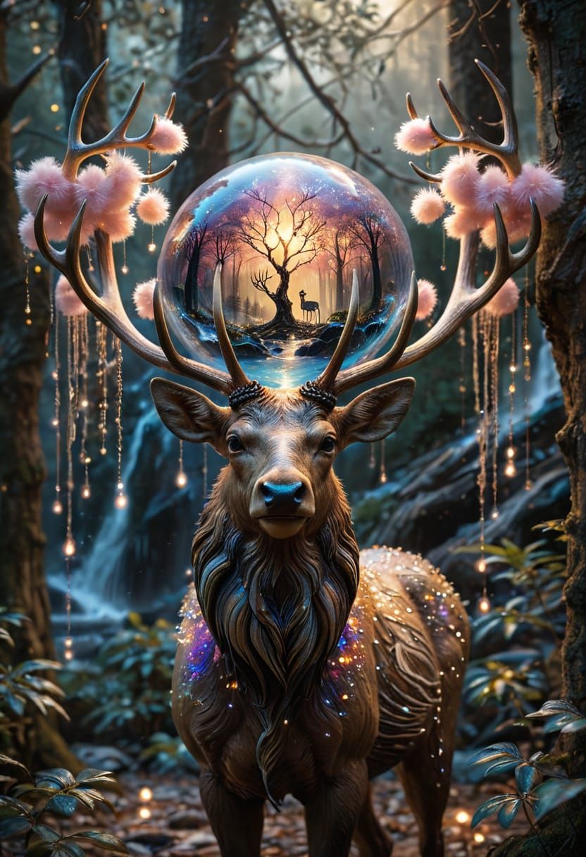 Surreal Fantasy Scene with Elk and Whimsical Forest