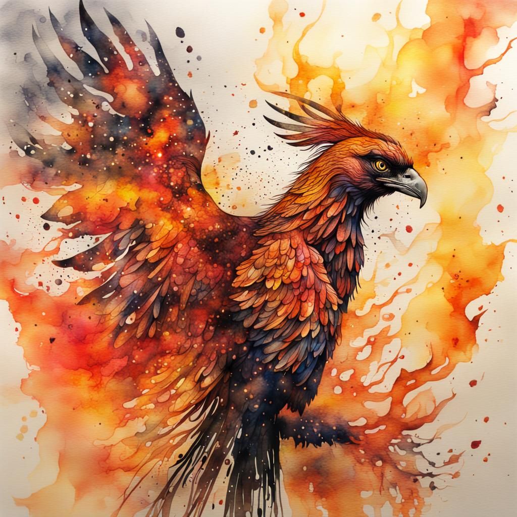Vibrant Fire Phoenix in Watercolor Ink Art