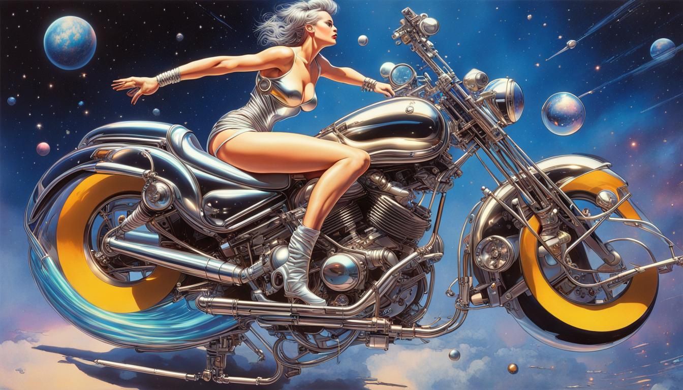 Cyberpunk Space Rider in Chrome by Sorayama Style
