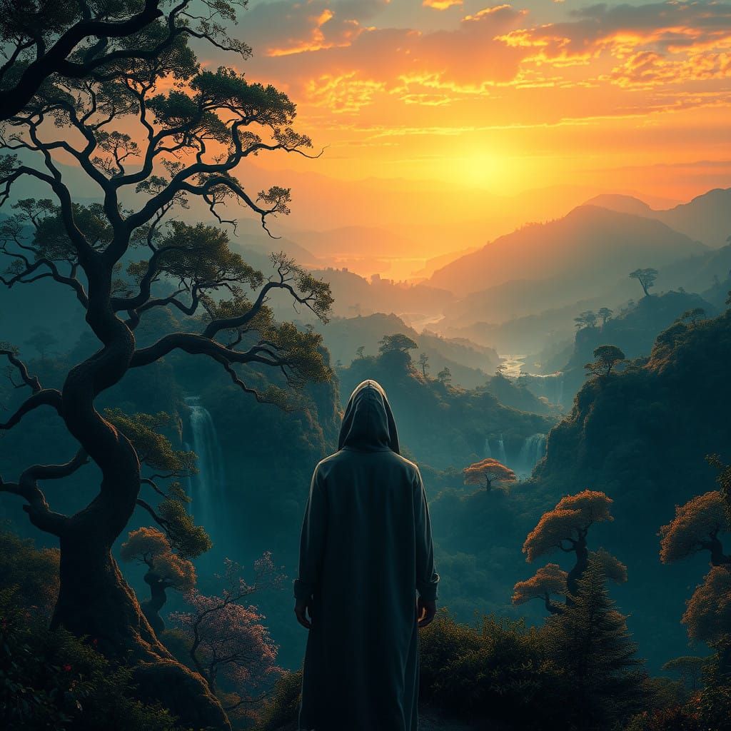 Enchanted Forest Guardian Under Golden Sunset