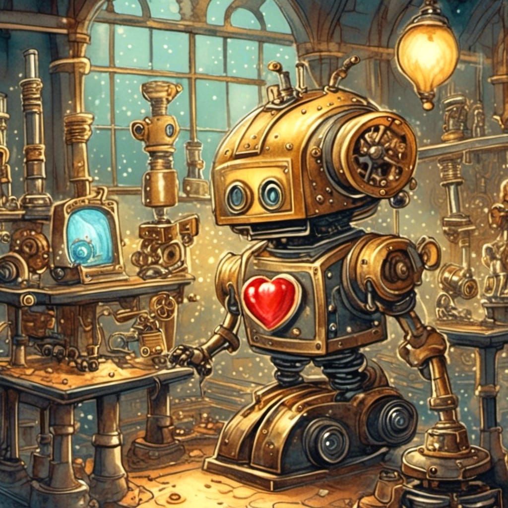 Cute Robot Building Loveheart, Watercolor Storybook Illustra...