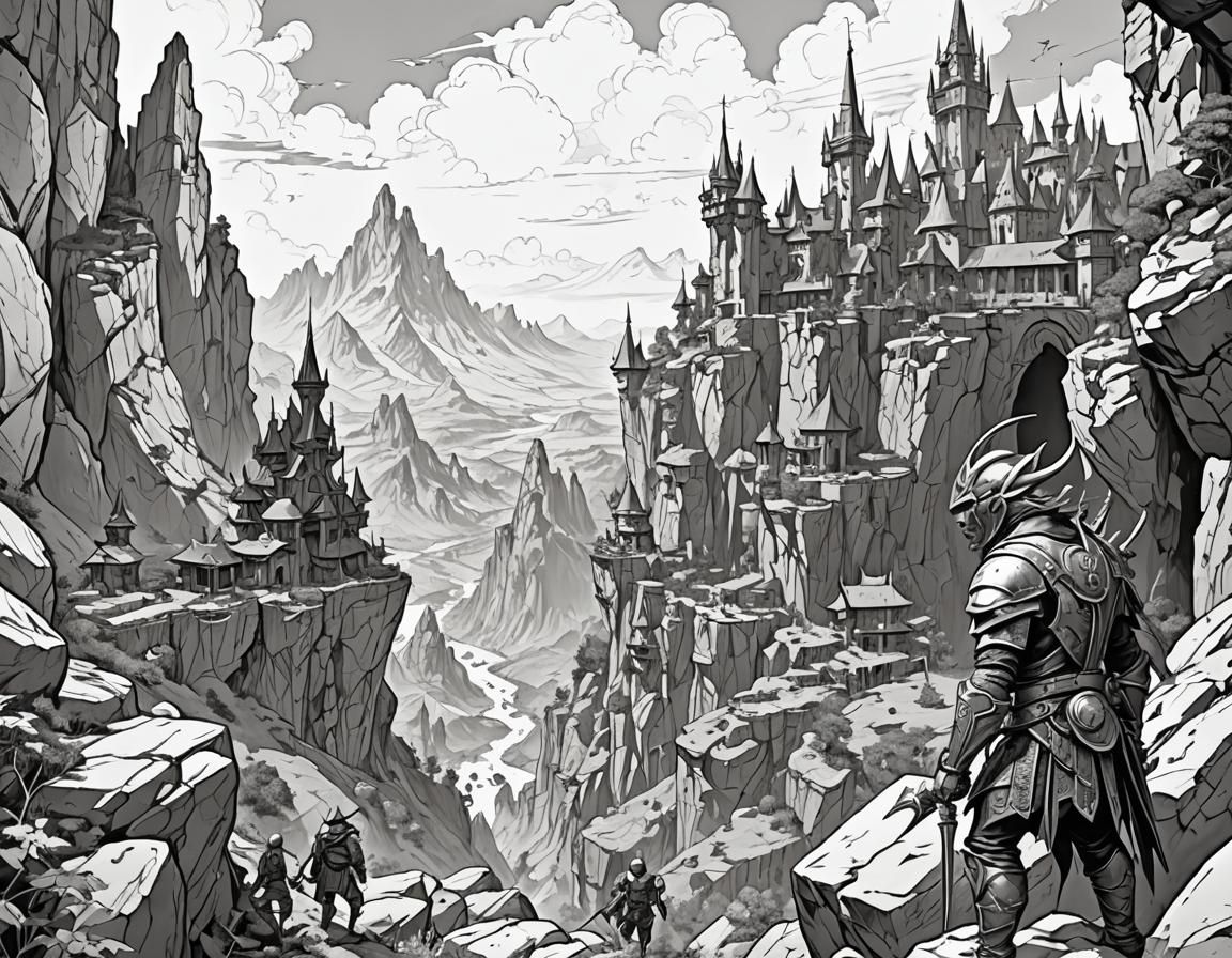 Elves and Dragons Coloring Page in Romantic Style