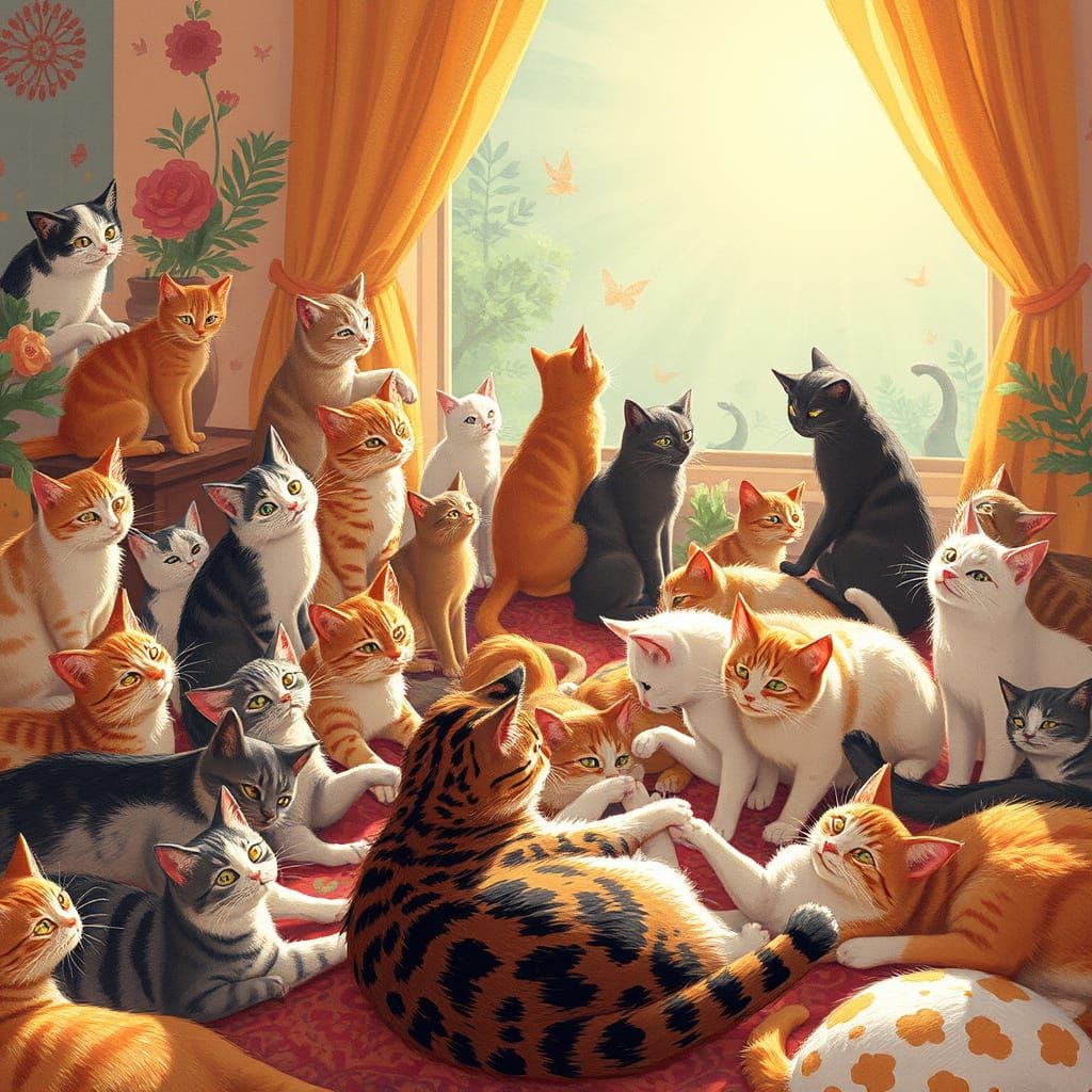 Whimsical Cats Playing in Warm Sunlight