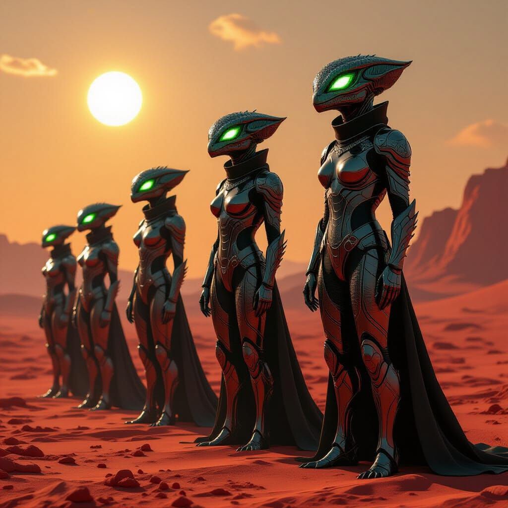 Reptilian Aliens in Metallic Armor on Alien Planet