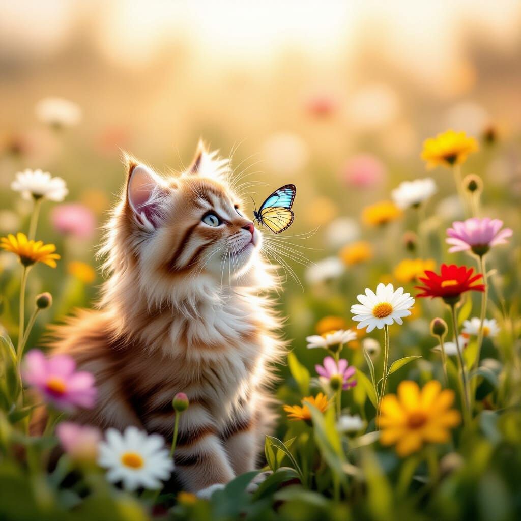 Cat and Butterfly in Dreamlike Meadow