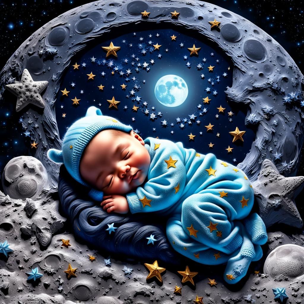 Baby Sleeping on Bioluminescent Moon in Galaxy