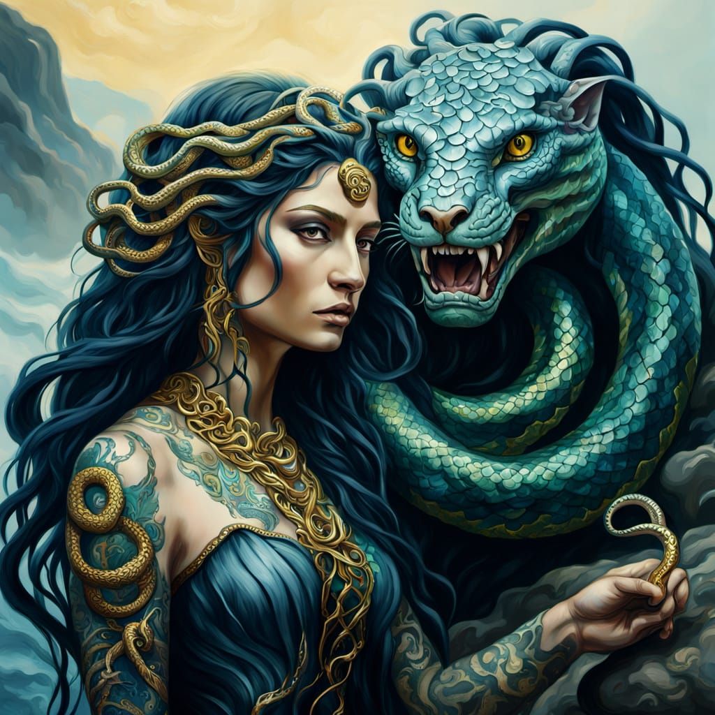 Medusa Goddess with Snakes: Mythic Oil Painting