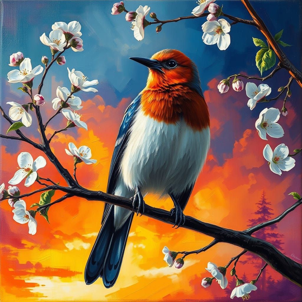 Ethereal Bird Amidst Blossom Tree in Dutch Renaissance Oil P...