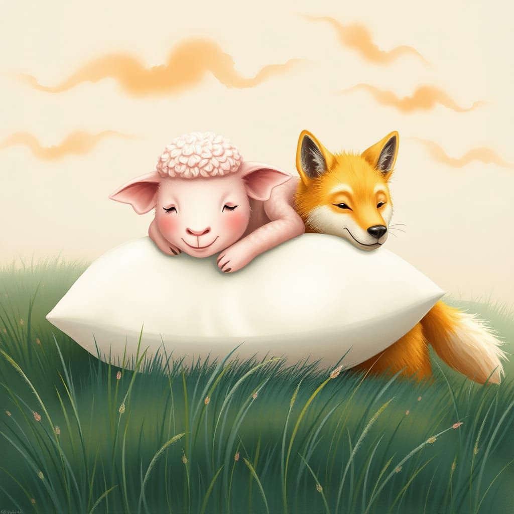 Whimsical Wolf's Gentle Companion: A Serene Pink Sheep's Dre...