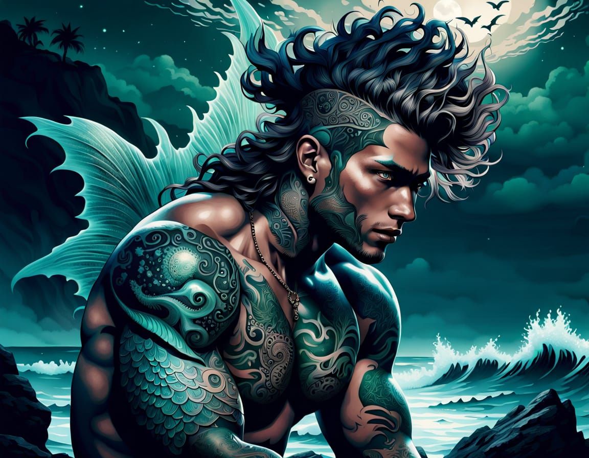 Moody Oceanic Merman in Photorealistic Digital Art
