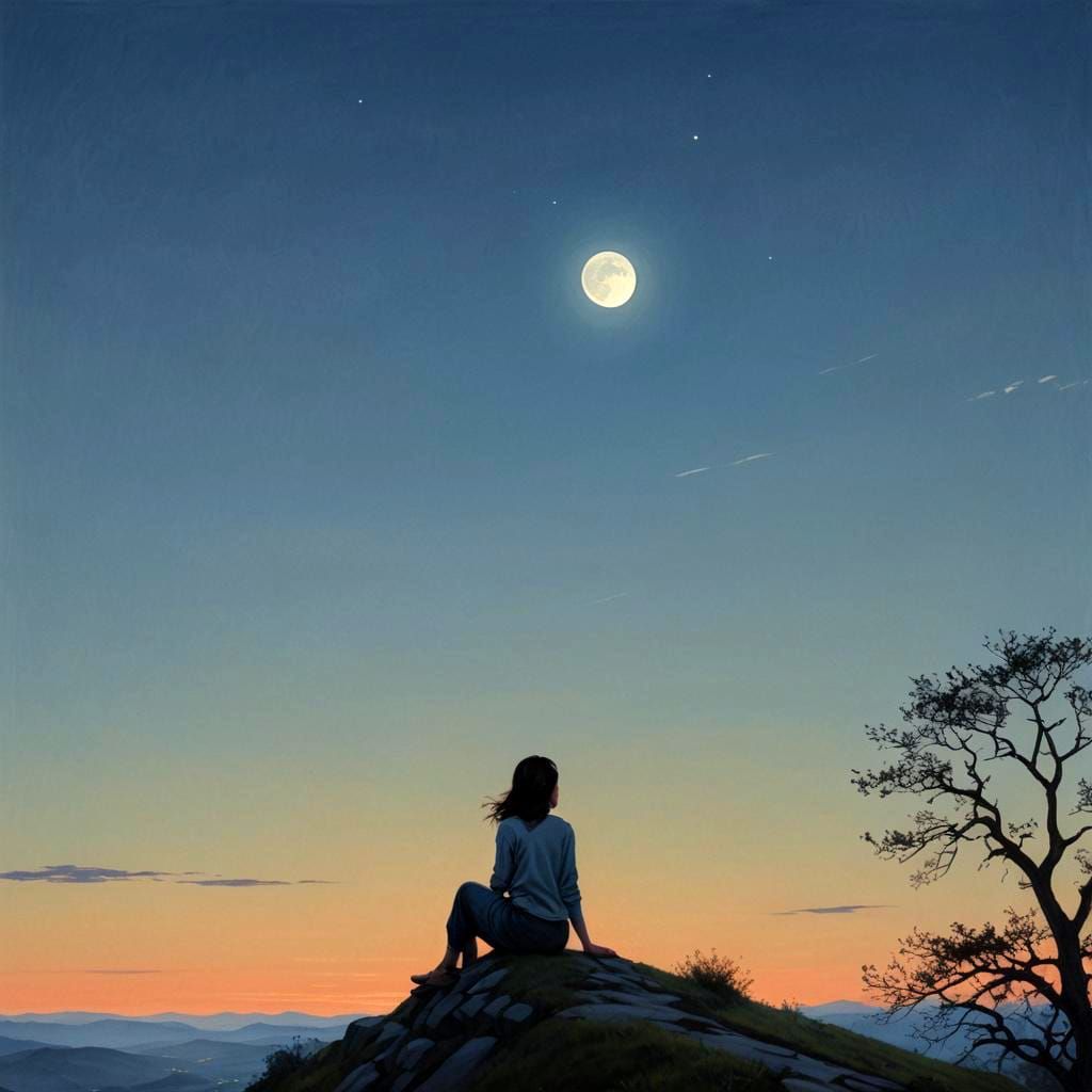 Twilight Moon: Girl on Hilltop in Photorealistic Style