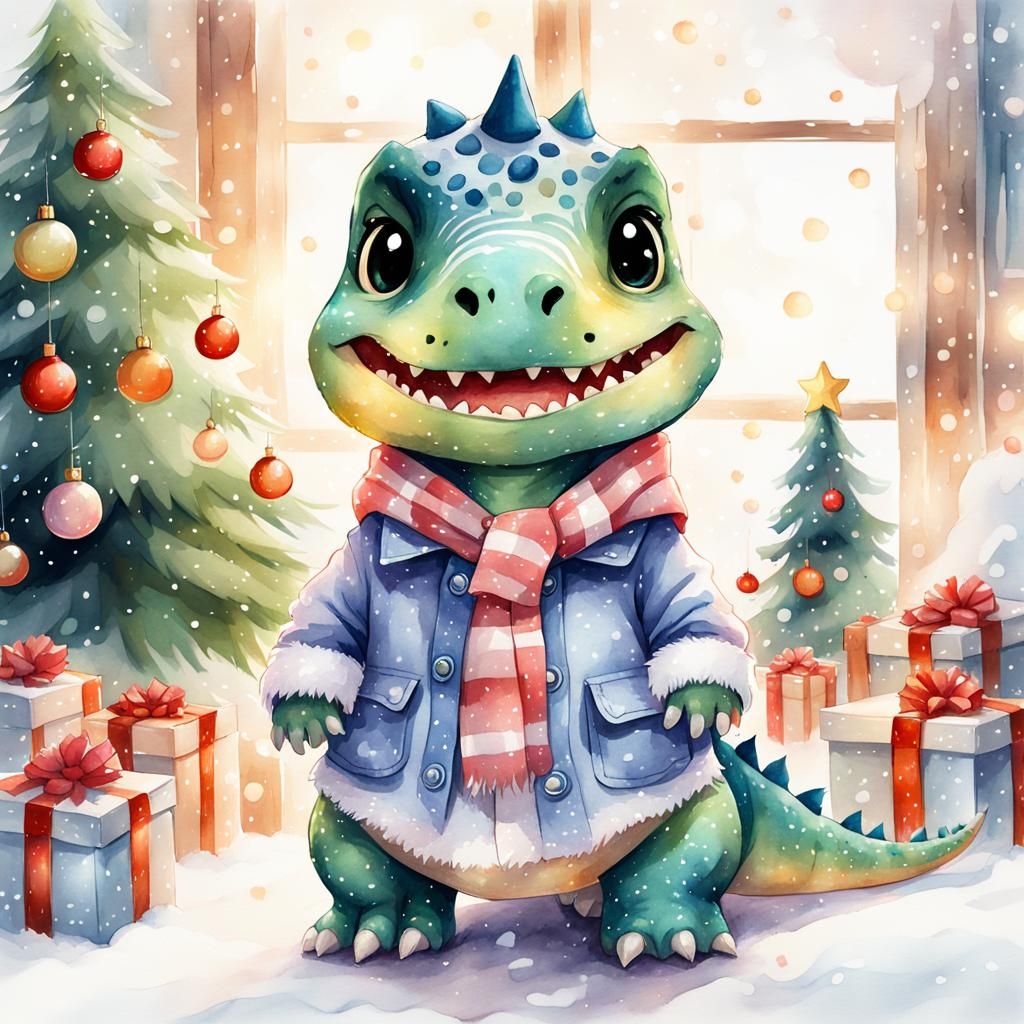 Cute Chibi Dinosaur Christmas in Digital Watercolor