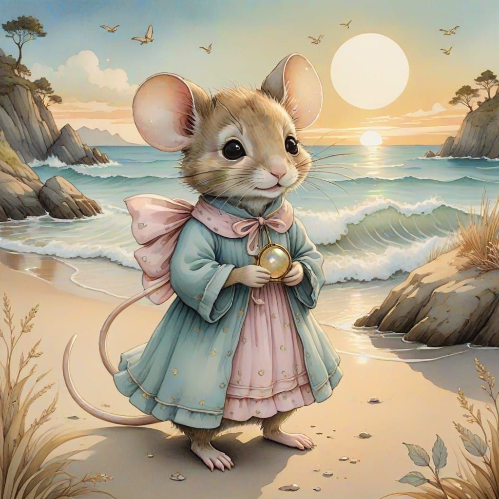 Whimsical Mouse in Pastel Pink Dress at Sunset