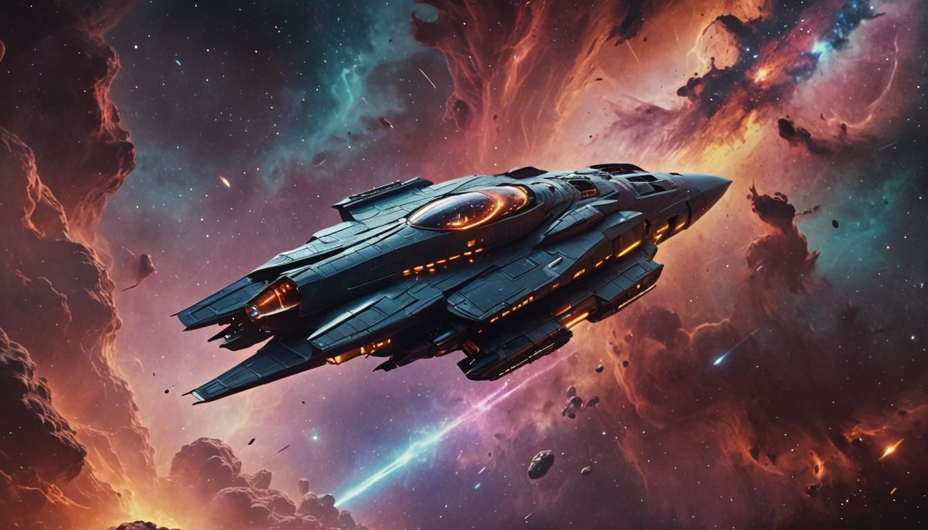 Sleek Spaceship Approaching Nebula in Hyperrealistic Style