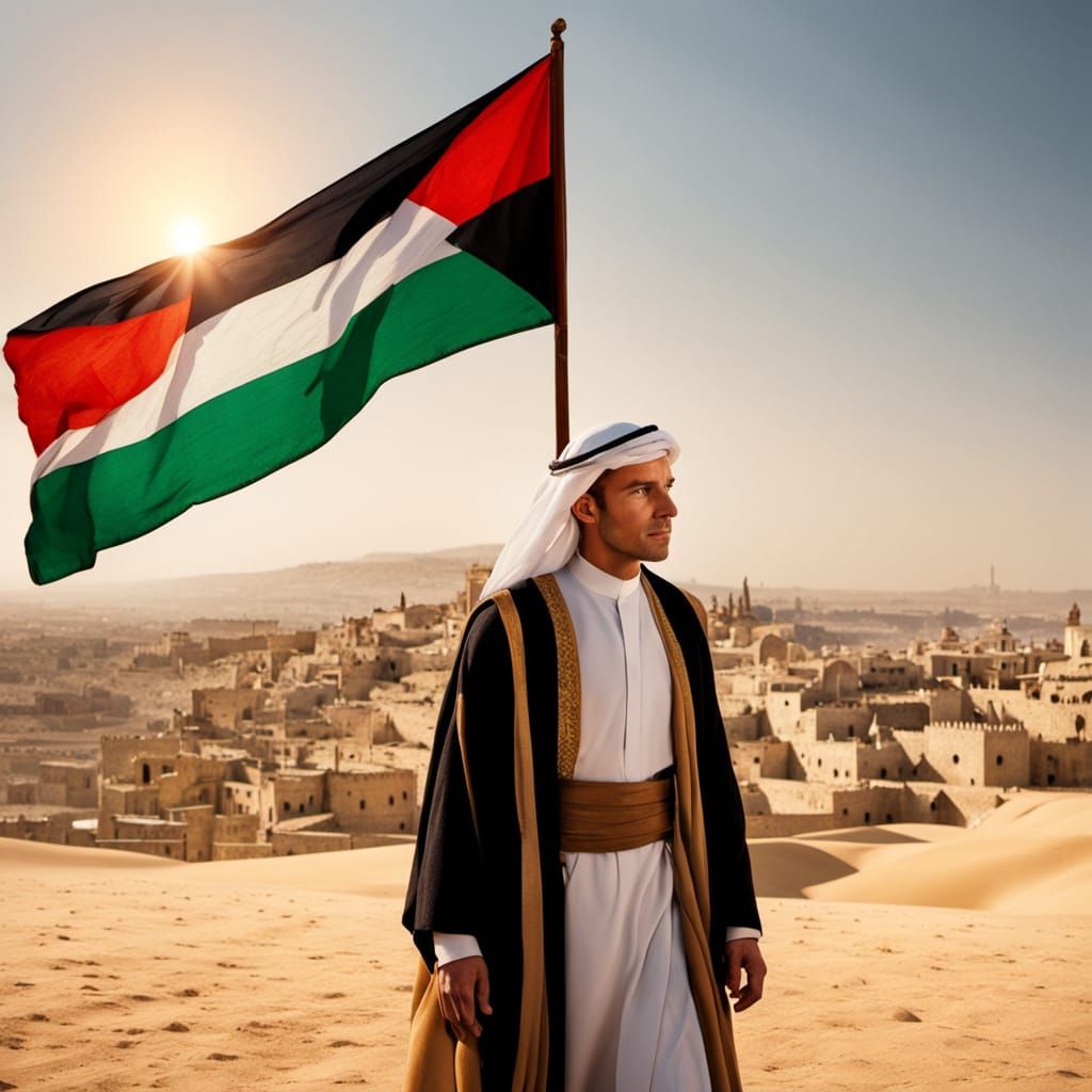 Historic Leader with Palestinian Flag in Oil Painting Style