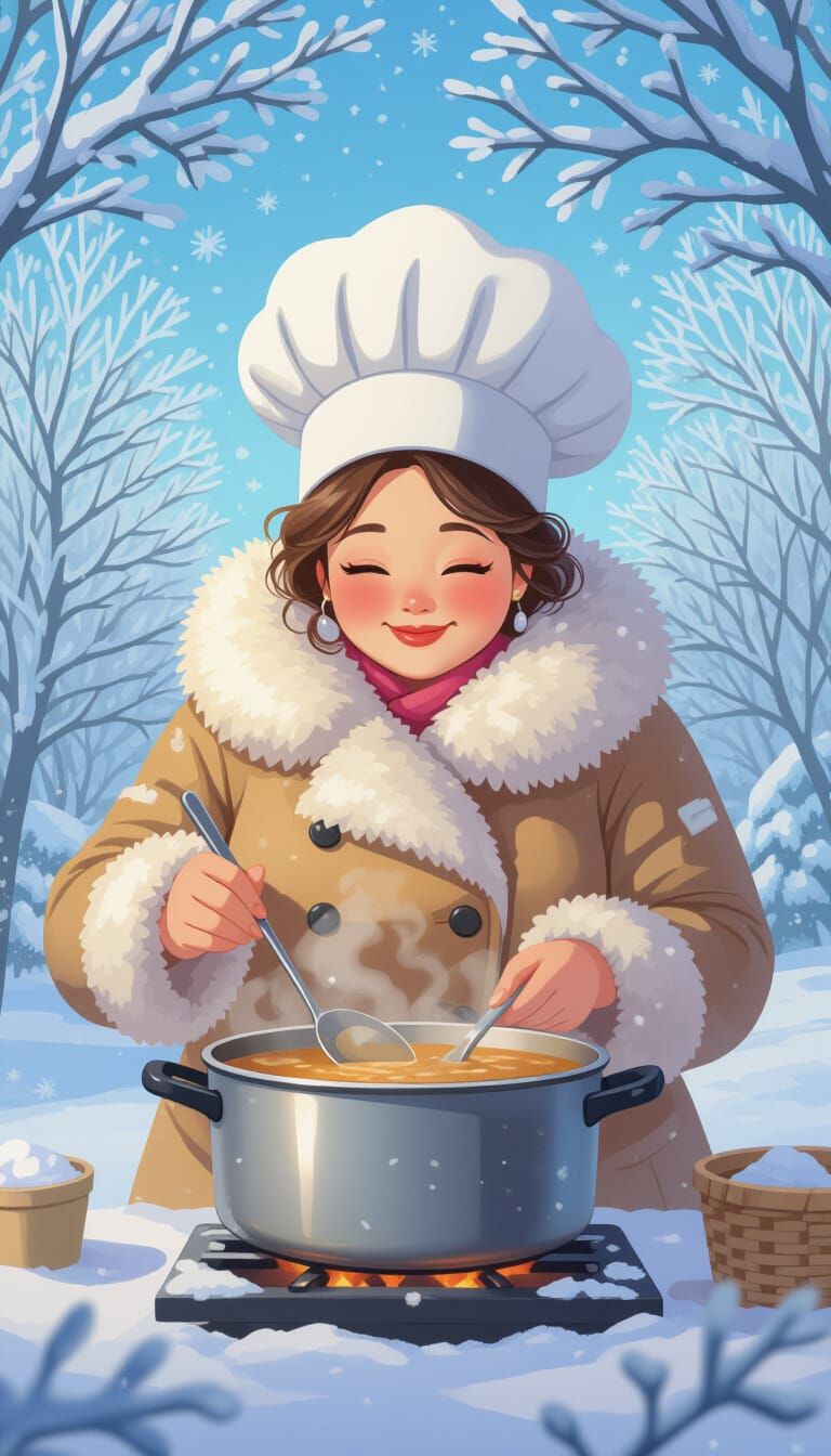 Whimsical Cartoon: Chinese Woman Cooking Soup
