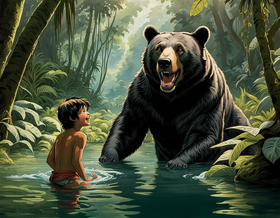 Baloo and Mowgli Swimming in Jungle Lake