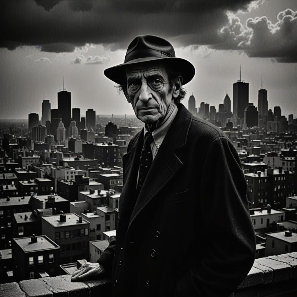 Dark Figure in Cityscape, Film Noir Comic Book Art