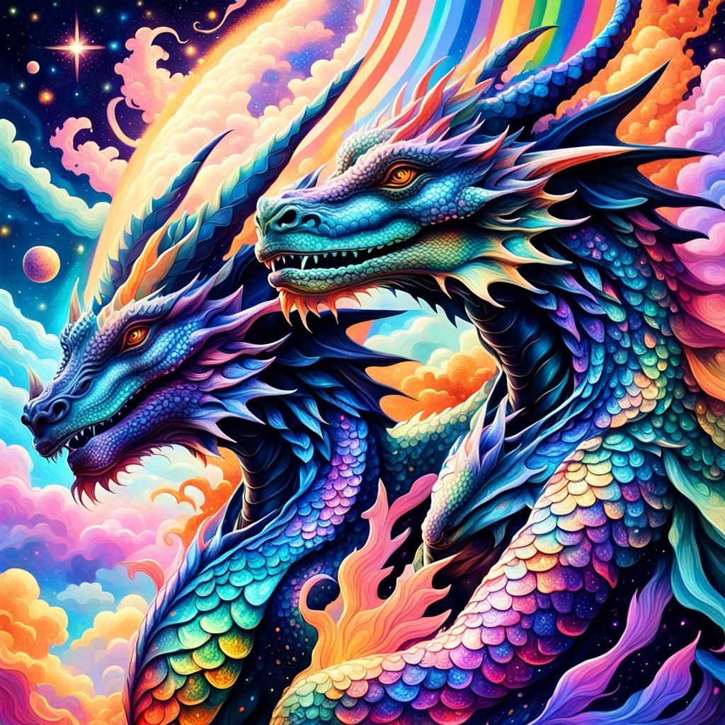 Cosmic Rainbow Dragons in Celestial Dreamscape
