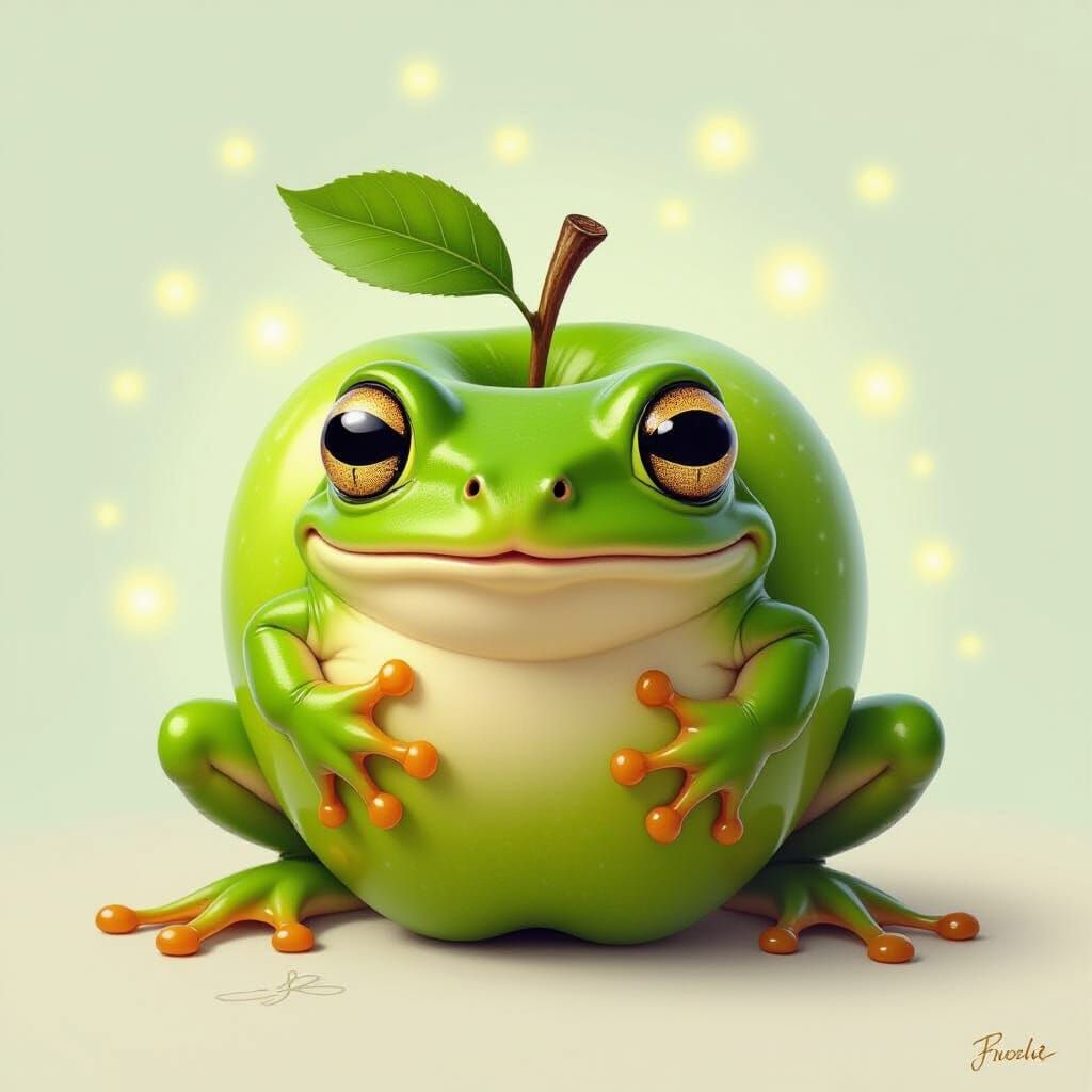 Whimsical Frog-Apple Hybrid in Surreal Digital Art Style