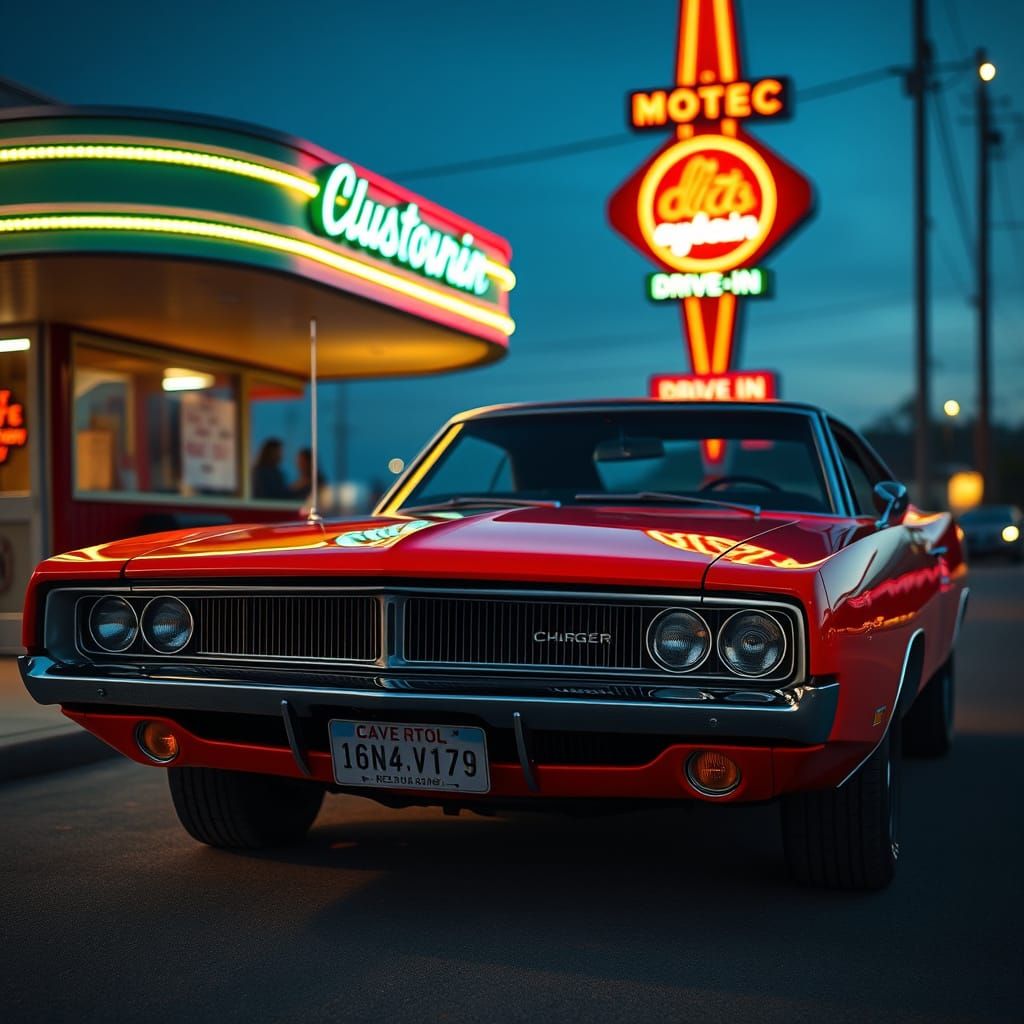 Vibrant Orange 1969 Dodge Charger at Dusk