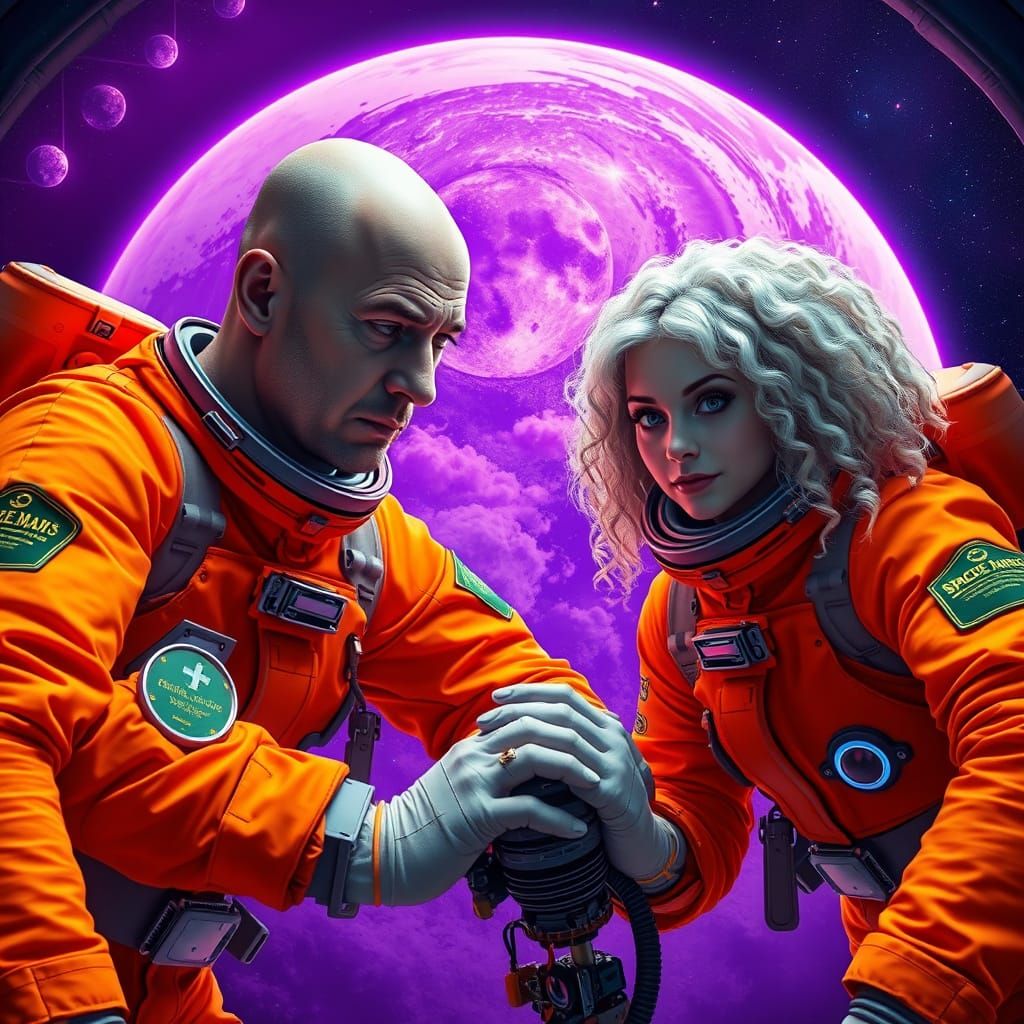 Astronauts in Action: Repairing Space Capsule in Vibrant, Pu...