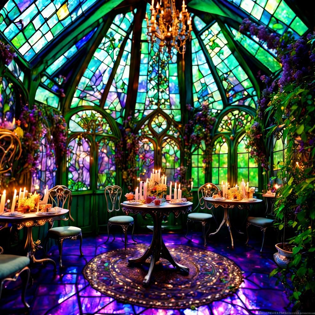 Enchanted Elven Tea Room in a Stained Glass Greenhouse