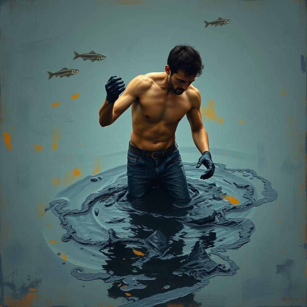 Man Struggling to Escape Tar Pit in Dark, Surreal Scene