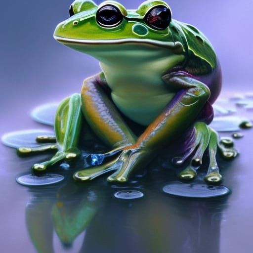 Chrome Frog on Lily Pad in Rain, Splash Art
