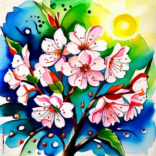 Cherry Blossom Watercolor Painting in Impressionistic Style
