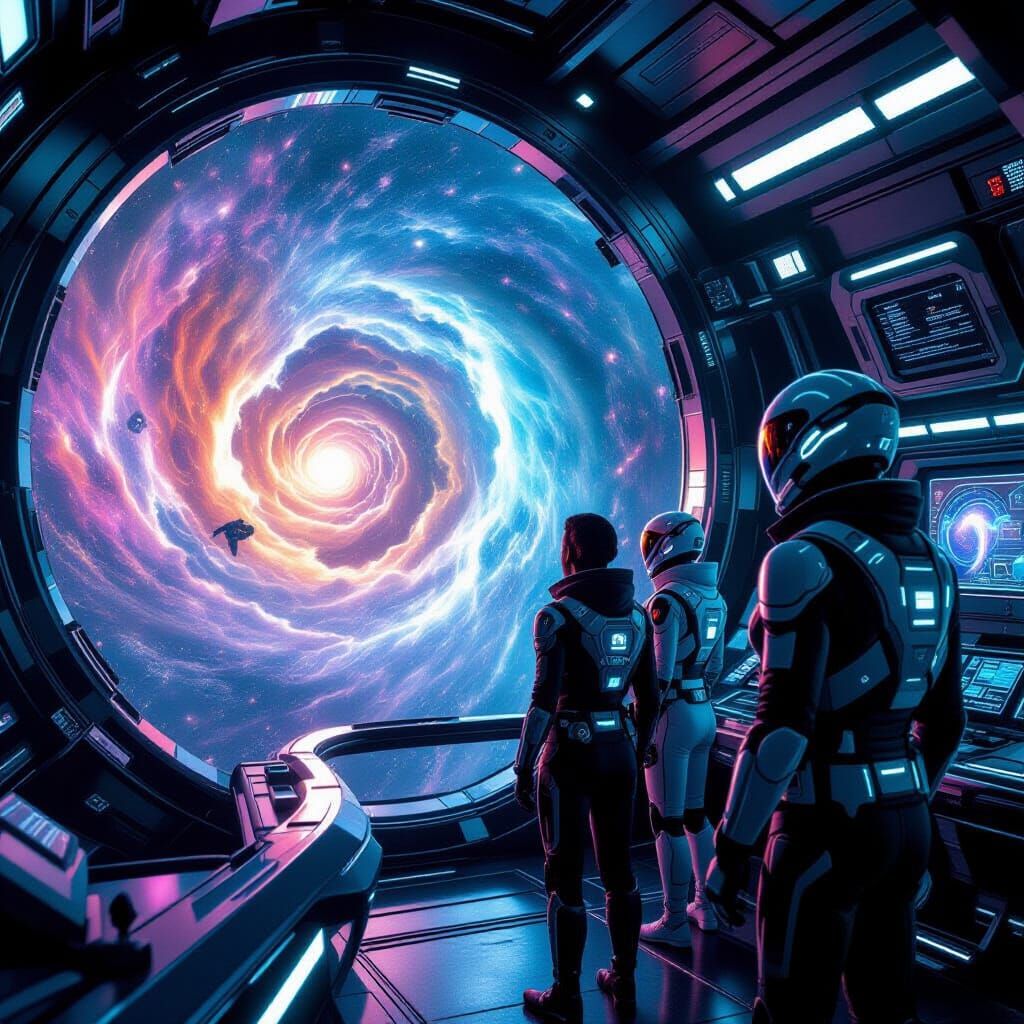 Futuristic Starship Crew Explores Cosmic Wormhole
