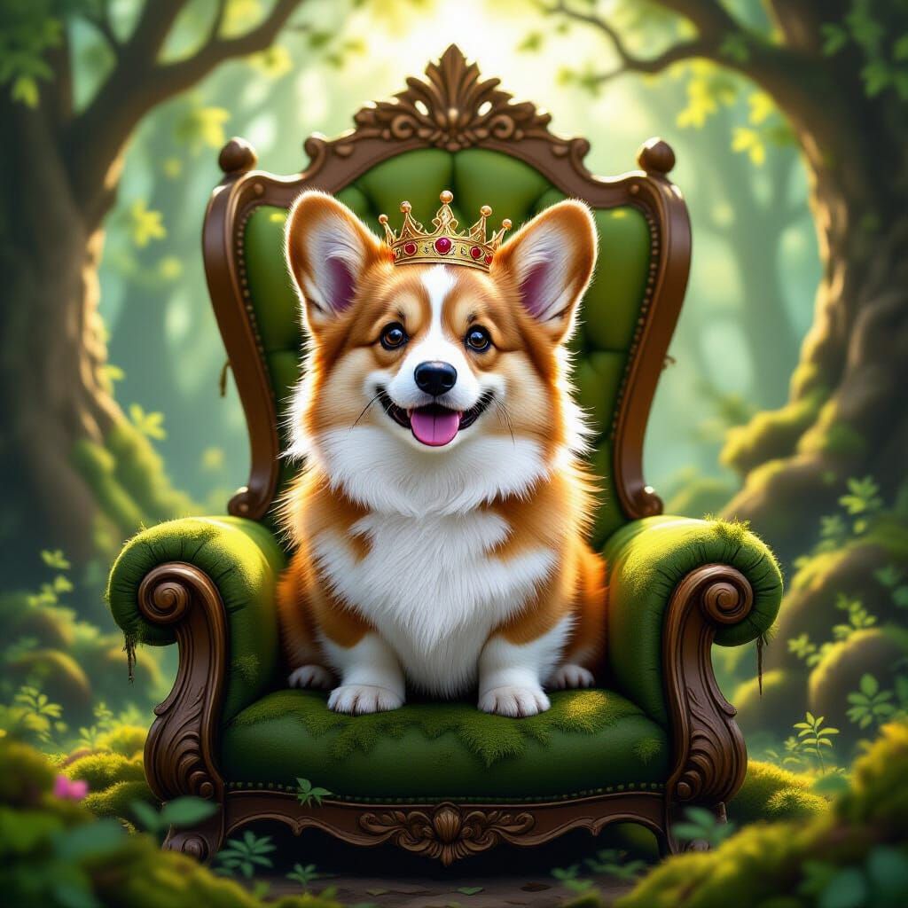 Fluffy Corgi King in Enchanted Forest Fantasy Art