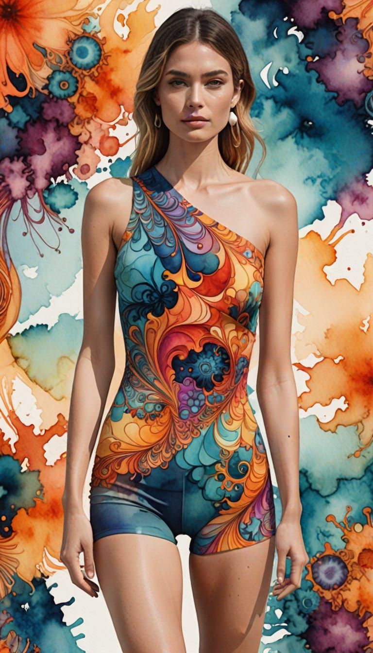 Modest Fractal Beachwear in Vibrant Ink and Watercolor Style
