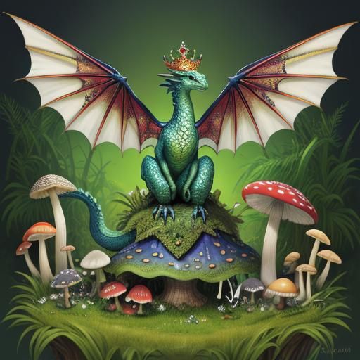 Crowned Dragon Perched Atop Vibrant Mushroom