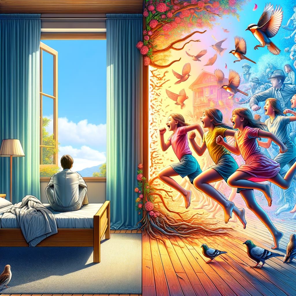 Dual Nature Scene: Serene Man and Lively Girls