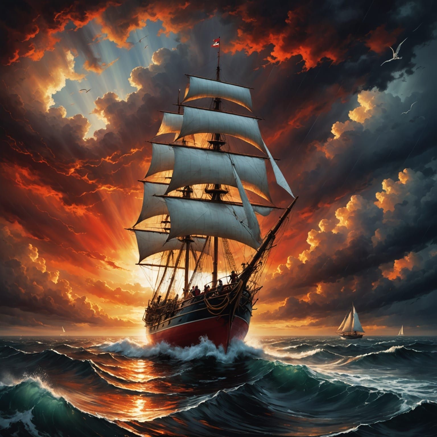 Glowing Sailboat in Stormy Skies, Cyberpunk Aesthetic