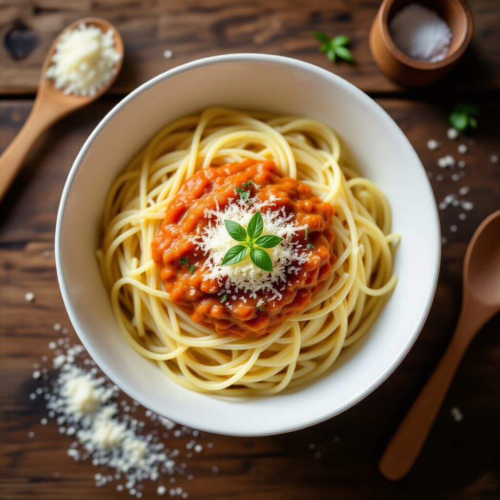 Spaghetti with Sauce and Cheese in Ceramic Bowl