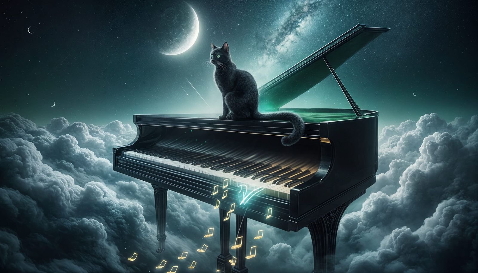 Surreal Black Cat on Floating Piano